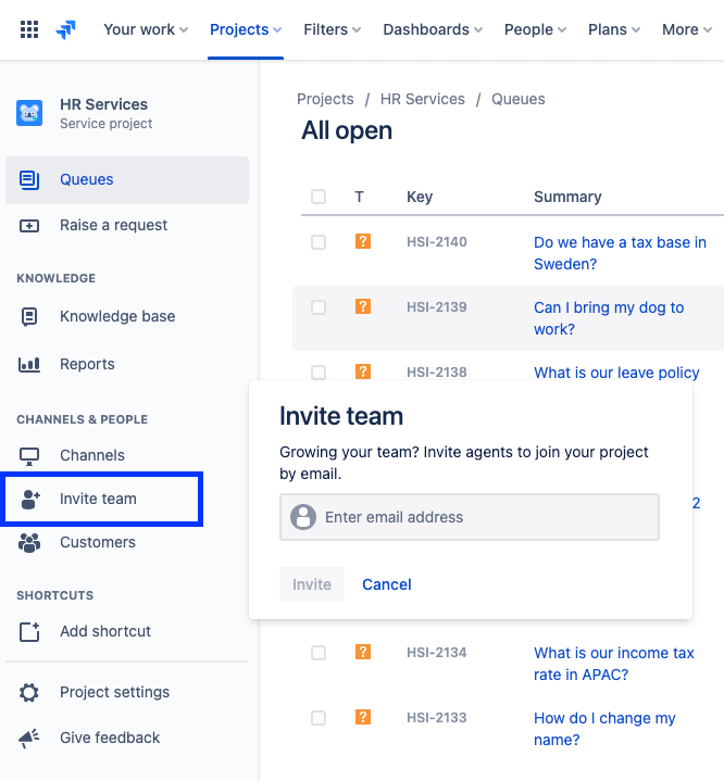 zrzut ekranu zaproszenia zespołu do korzystania z Jira Service Management